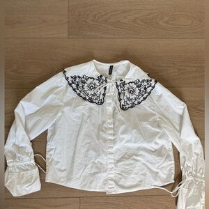 H&M White Embroidered Top with Black Floral Detail
